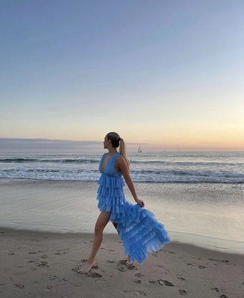 Luolandi Blue V Neck High Low Tulle Party Dress Homecoming Dress Charming Formal Dress
